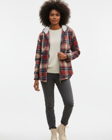 Flanell Jacke mit Kapuze Damen rot kariert gefüttert - Ansicht 5