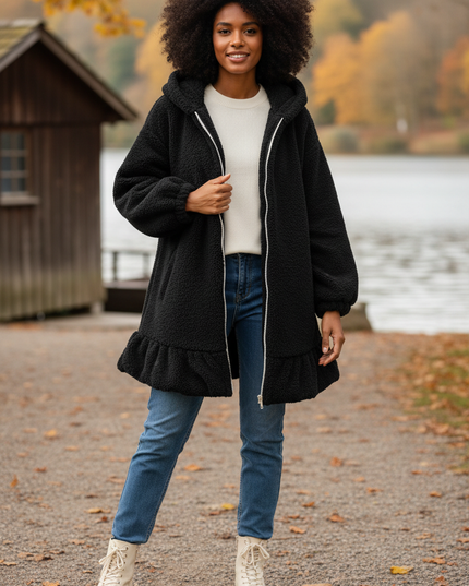Flauschige Jacke Damen lang mit Hasenohren-Kapuze - Ansicht 1