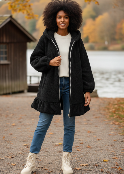 Flauschige Jacke Damen lang mit Hasenohren-Kapuze - Ansicht 1