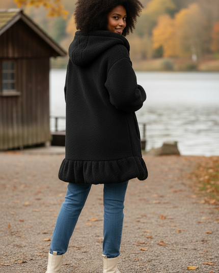 Flauschige Jacke Damen lang mit Hasenohren-Kapuze - Ansicht 2