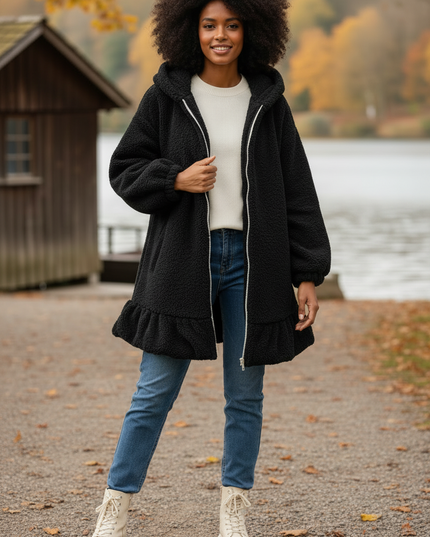 Flauschige Jacke Damen lang mit Hasenohren-Kapuze - Ansicht 3