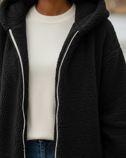 Flauschige Jacke Damen lang mit Hasenohren-Kapuze - Ansicht 4