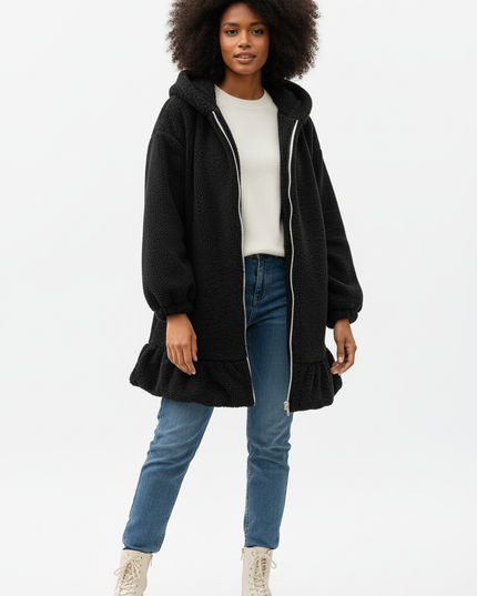 Flauschige Jacke Damen lang mit Hasenohren-Kapuze - Ansicht 5