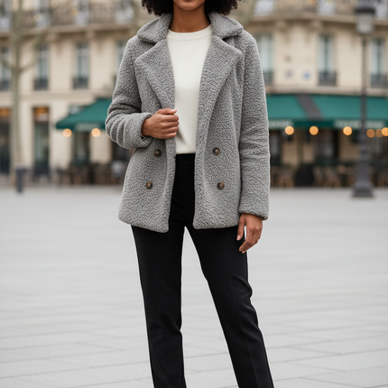 Graue Teddyfell Jacke mit Reverskragen und Knopfleiste - Ansicht 1