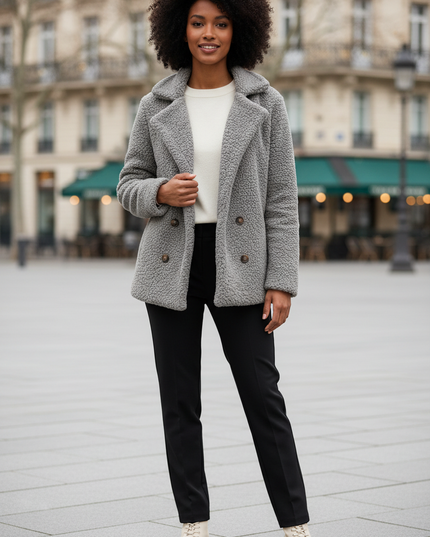 Graue Teddyfell Jacke mit Reverskragen und Knopfleiste - Ansicht 1