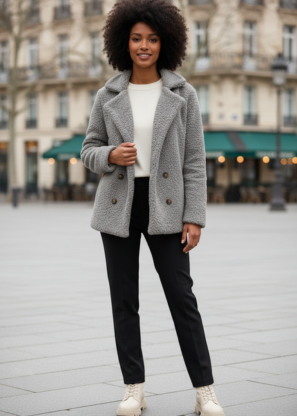 Graue Teddyfell Jacke mit Reverskragen und Knopfleiste - Ansicht 1