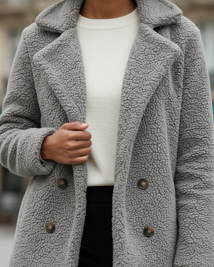 Graue Teddyfell Jacke mit Reverskragen und Knopfleiste - Ansicht 4