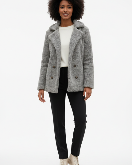 Graue Teddyfell Jacke mit Reverskragen und Knopfleiste - Ansicht 5