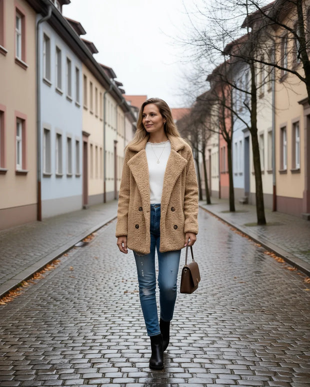 Camelfarbene Teddyjacke für Damen mit Reverskragen, Teddy Jacke Camel