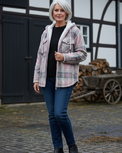 Hemdjacke Damen kariert Rosa mit Teddyfutter und Kapuze - Ansicht 1