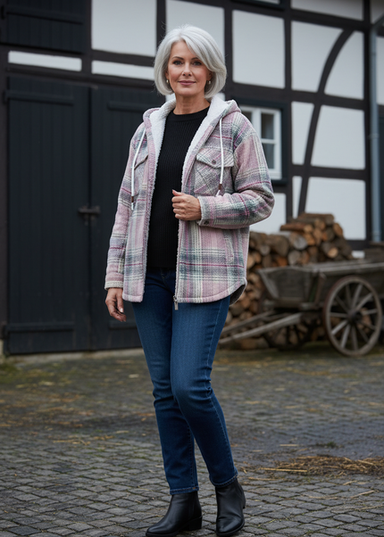 Hemdjacke Damen kariert Rosa mit Teddyfutter und Kapuze - Ansicht 1