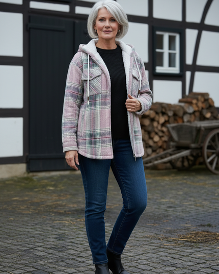 Hemdjacke Damen kariert Rosa mit Teddyfutter und Kapuze - Ansicht 3