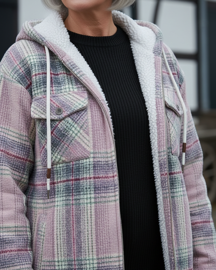 Hemdjacke Damen kariert Rosa mit Teddyfutter und Kapuze - Ansicht 4
