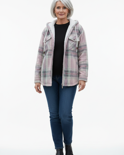 Hemdjacke Damen kariert Rosa mit Teddyfutter und Kapuze - Ansicht 5