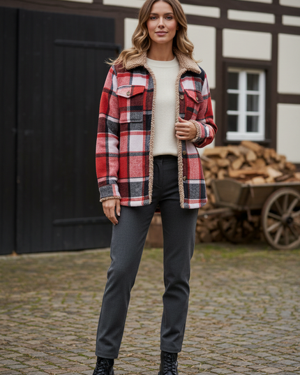 Hemdjacke Damen kariert mit beigem Teddyfutter - Ansicht 1