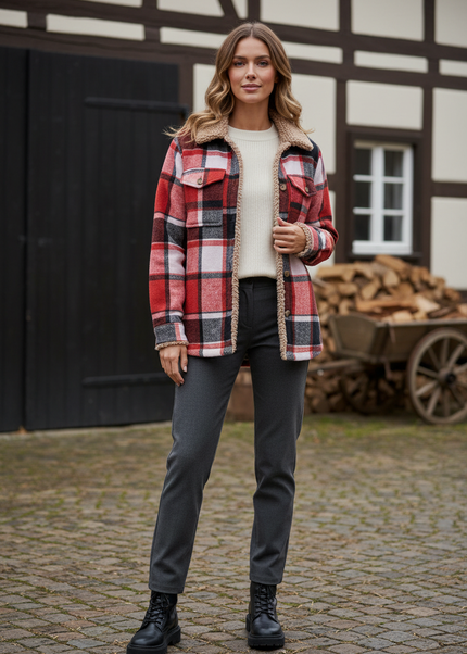 Hemdjacke Damen kariert mit beigem Teddyfutter - Ansicht 1