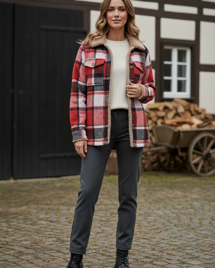 Hemdjacke Damen kariert mit beigem Teddyfutter - Ansicht 3