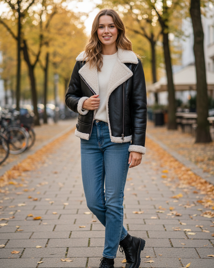 Jacke in Lederoptik mit Teddyfell - schwarz, Herbst/Winter - Ansicht 1
