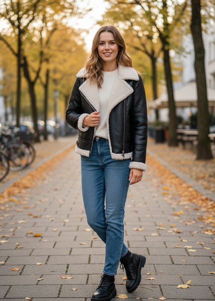 Jacke in Lederoptik mit Teddyfell - schwarz, Herbst/Winter - Ansicht 1