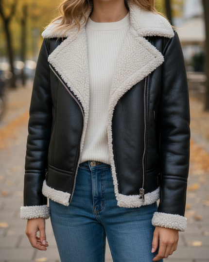 Jacke in Lederoptik mit Teddyfell - schwarz, Herbst/Winter - Ansicht 4