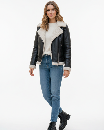 Jacke in Lederoptik mit Teddyfell - schwarz, Herbst/Winter - Ansicht 5
