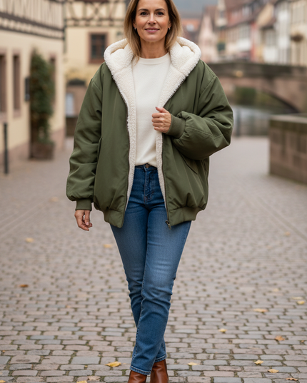 Jacke mit Teddyfell innen Damen - Olivgrün - Ansicht 1