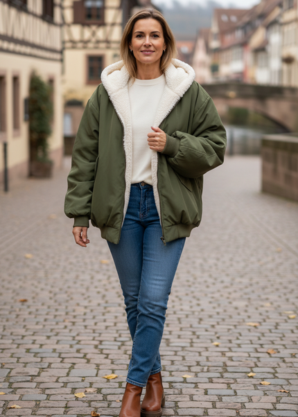 Jacke mit Teddyfell innen Damen - Olivgrün - Ansicht 1