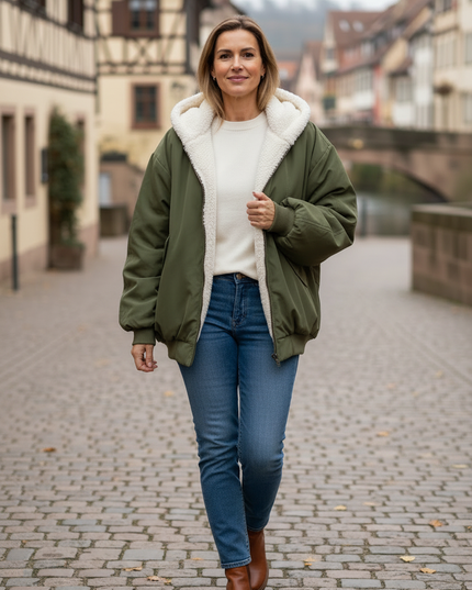 Jacke mit Teddyfell innen Damen - Olivgrün - Ansicht 3