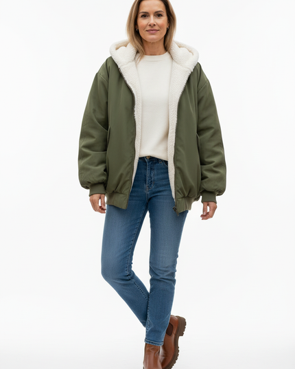 Jacke mit Teddyfell innen Damen - Olivgrün - Ansicht 5