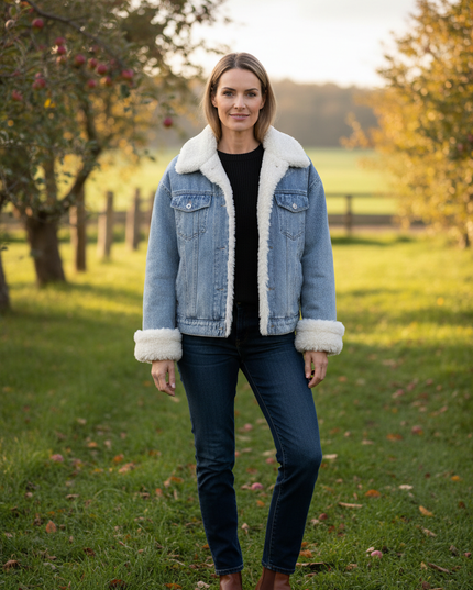 Jeansjacke mit Teddyfutter Damen hellblau - Ansicht 1