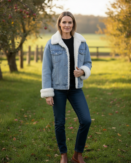 Jeansjacke mit Teddyfutter Damen hellblau - Ansicht 3