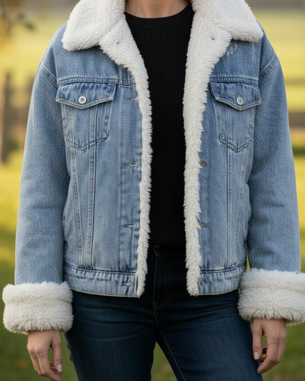 Jeansjacke mit Teddyfutter Damen hellblau - Ansicht 4