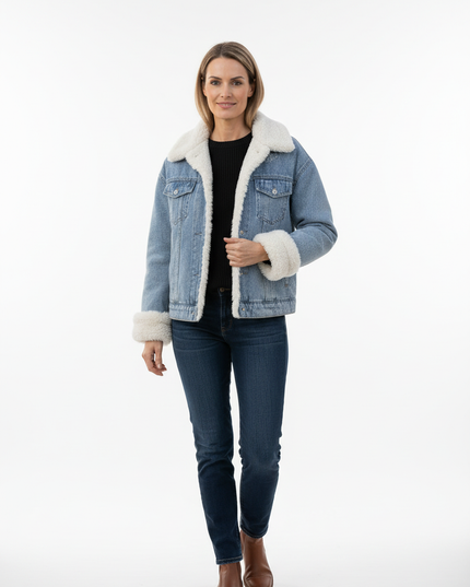 Jeansjacke mit Teddyfutter Damen hellblau - Ansicht 5