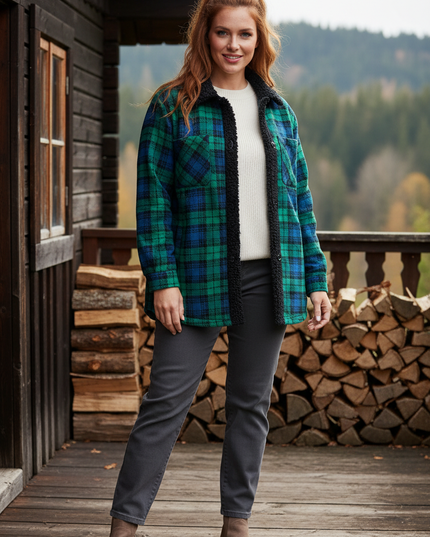 Karierte Flanell Jacke Damen mit Teddyfutter - Ansicht 1