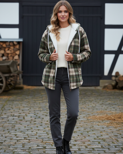 Karo Fleece Jacke Damen mit Kapuze und Teddyfutter - Ansicht 1