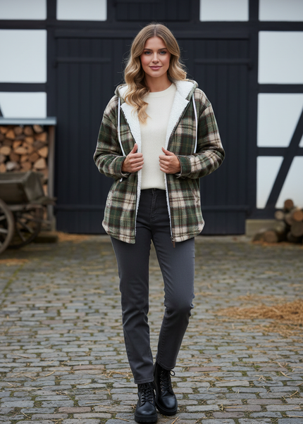 Karo Fleece Jacke Damen mit Kapuze und Teddyfutter - Ansicht 1