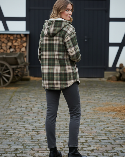 Karo Fleece Jacke Damen mit Kapuze und Teddyfutter - Ansicht 2