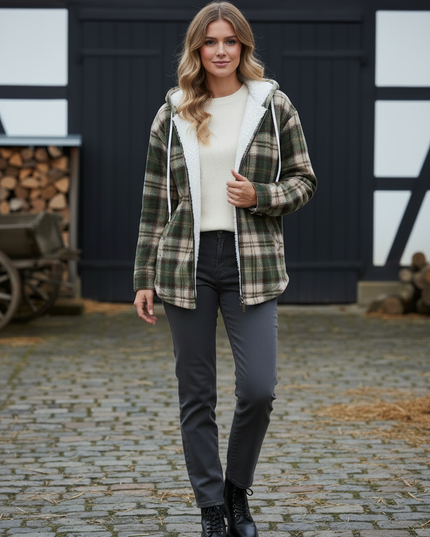 Karo Fleece Jacke Damen mit Kapuze und Teddyfutter - Ansicht 3
