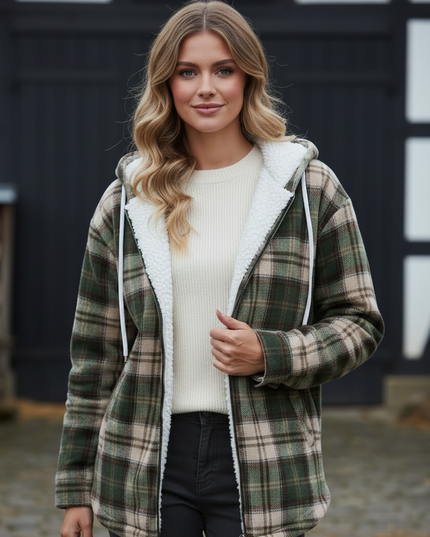 Karo Fleece Jacke Damen mit Kapuze und Teddyfutter - Ansicht 4