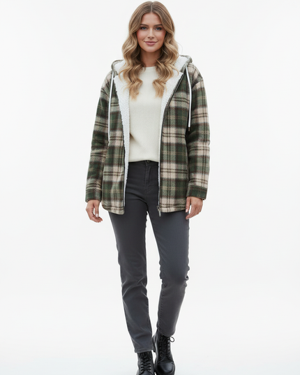 Karo Fleece Jacke Damen mit Kapuze und Teddyfutter - Ansicht 5