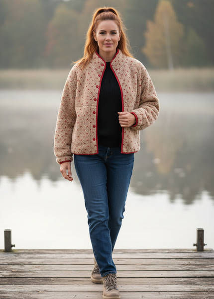 Kurze Teddyjacke Damen beige mit Herzmuster - Ansicht 1