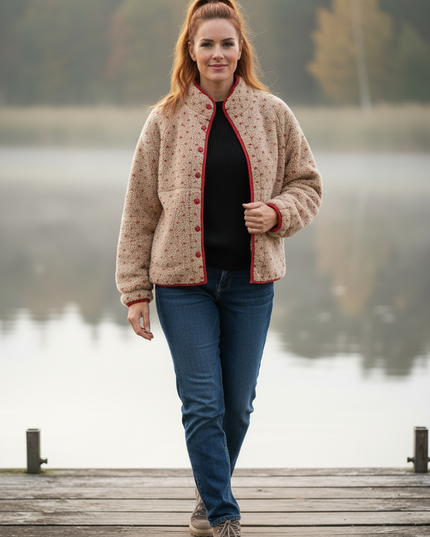 Kurze Teddyjacke Damen beige mit Herzmuster - Ansicht 3