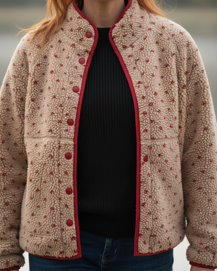Kurze Teddyjacke Damen beige mit Herzmuster - Ansicht 4