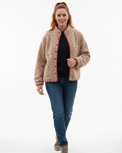 Kurze Teddyjacke Damen beige mit Herzmuster - Ansicht 5