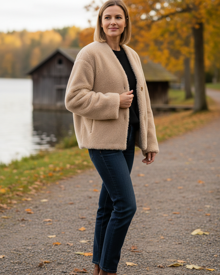 Plüschjacke Damen Beige mit V-Ausschnitt und Knopfleiste - Ansicht 1