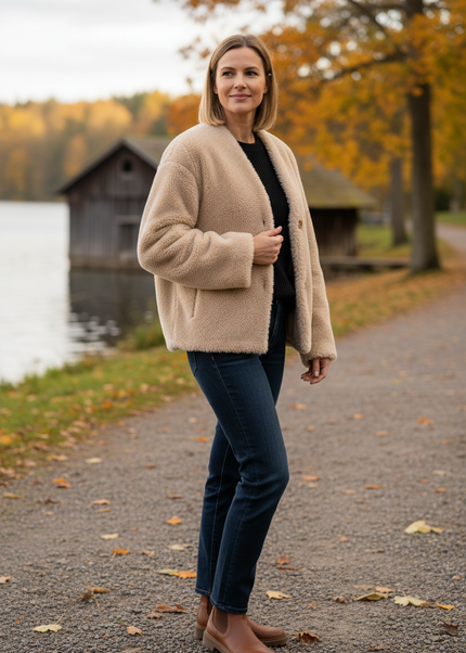 Plüschjacke Damen Beige mit V-Ausschnitt und Knopfleiste - Ansicht 1