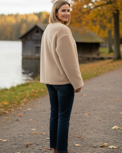 Plüschjacke Damen Beige mit V-Ausschnitt und Knopfleiste - Ansicht 2