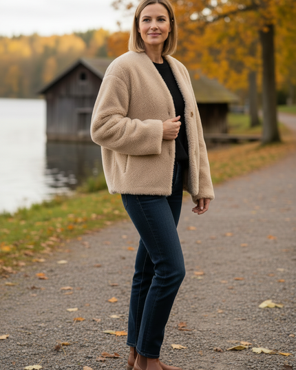 Plüschjacke Damen Beige mit V-Ausschnitt und Knopfleiste - Ansicht 3