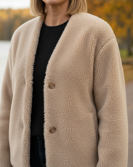 Plüschjacke Damen Beige mit V-Ausschnitt und Knopfleiste - Ansicht 4
