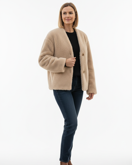 Plüschjacke Damen Beige mit V-Ausschnitt und Knopfleiste - Ansicht 5